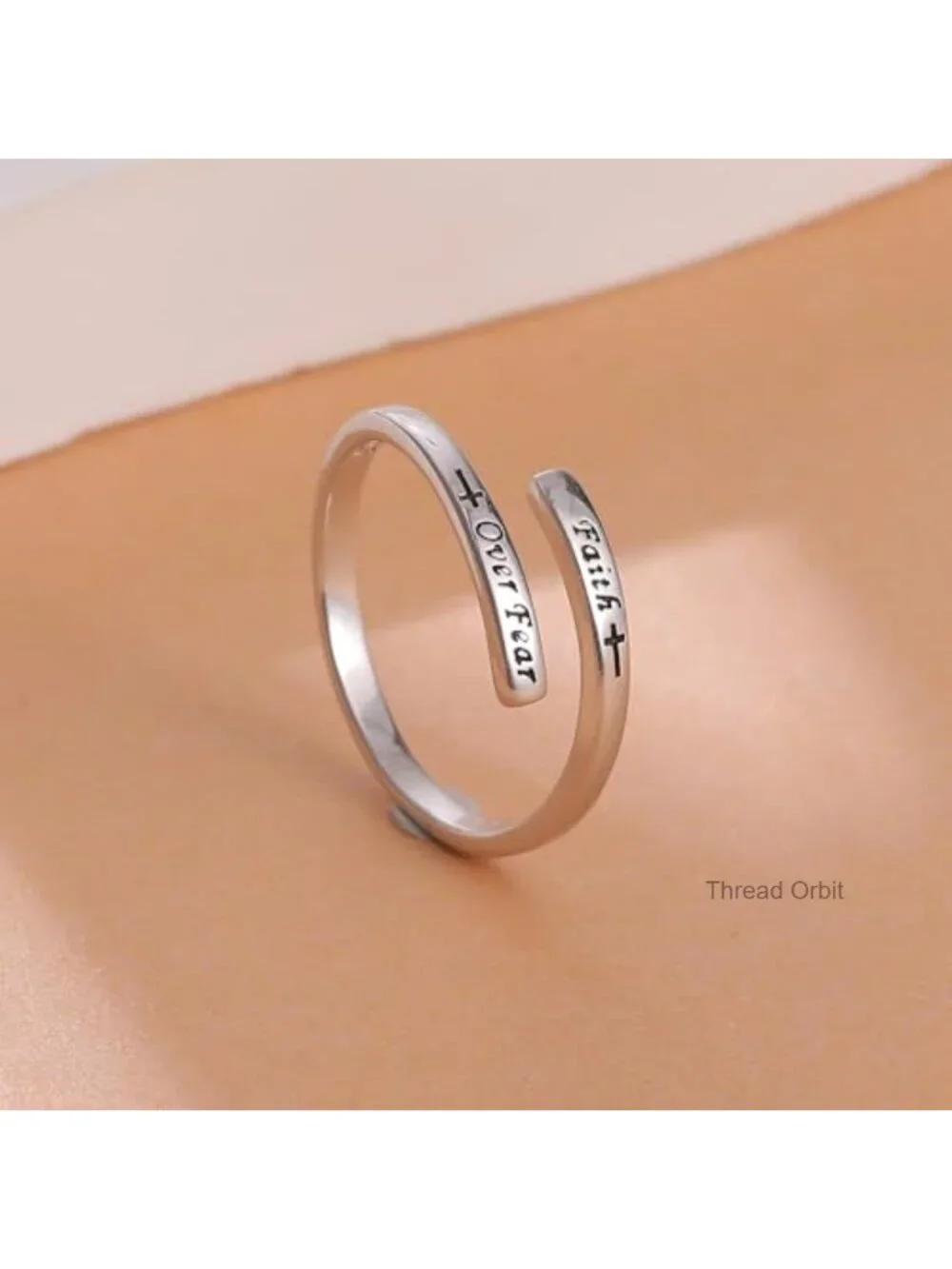 Faith Over Fear Cross Ring 925 Sterling Silver 14k Gold Plated Adjustable